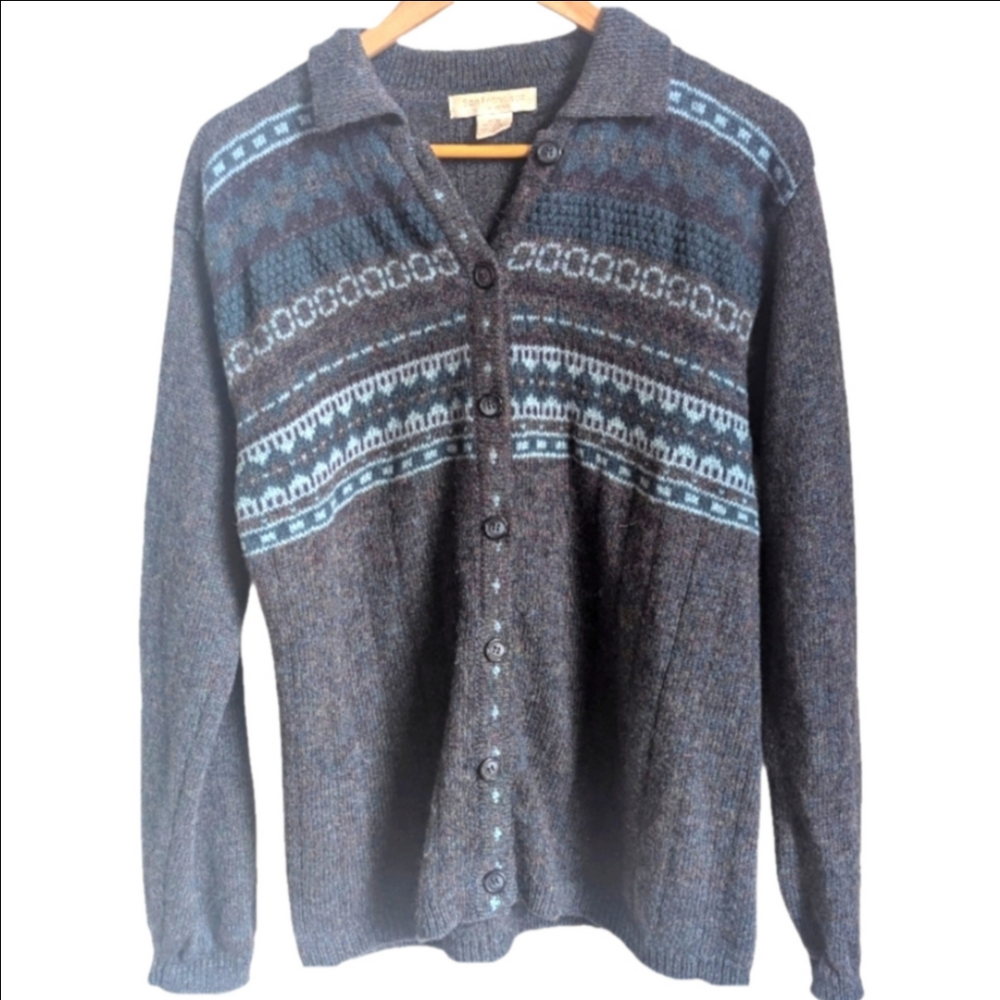 VINTAGE Blue Wool Fait Isles Academia Cabin Warm Knit Cardigan Size Medium